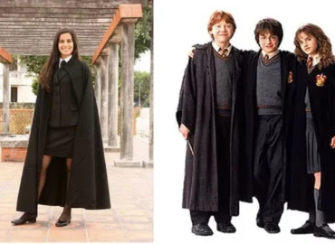 Image mettant en parallèle une photographie d'une jeune étudiante portugaise dans son uniforme et le trio des trois personnages principaux de la saga Harry Potter dans leur uniforme de l'école de sorcellerie Poudlard sur un fond bleu et blanc.